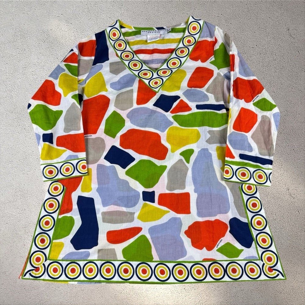 Gretchen Scott Geometric Cotton Tunic 3/4 Sleeve Beach Resort Blouse Sz S